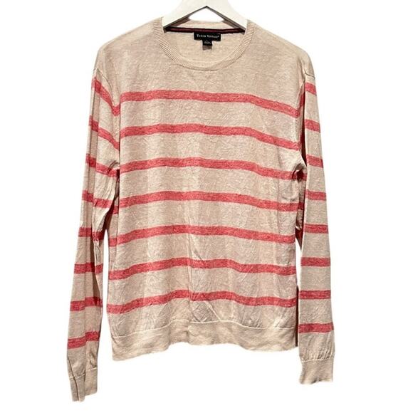 Tailor Vintage Size Large Pink Long Sleeve Striped 100% Linen Pullover Sweater - Picture 1 of 8